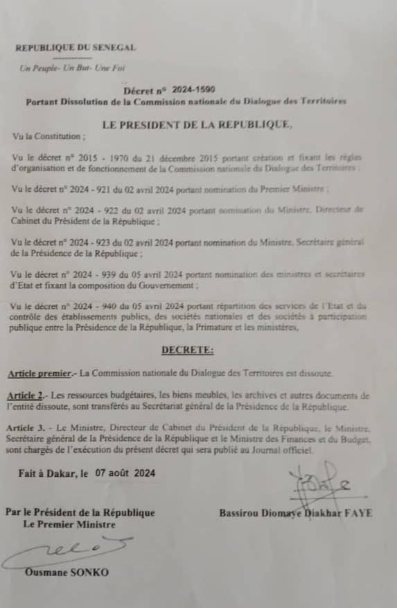 Sénégal : le Président Bassirou Diomaye a dissous la Commission Nationale du Dialogue des Territoires (CNDT)