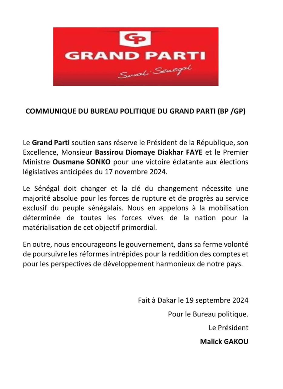 Le Grand Parti de Malick Gackou apporte son soutien au parti PASTEF pour les législatives de novembre 2024