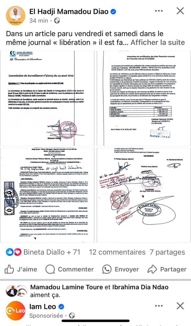 Scandale de la SECAM : Mame Boye Diao dénonce une manipulation et apporte des précisions avec « ses preuves » Scandale de la SECAM : Mame Boye Diao dénonce une manipulation et apporte des précisions avec « ses preuves »