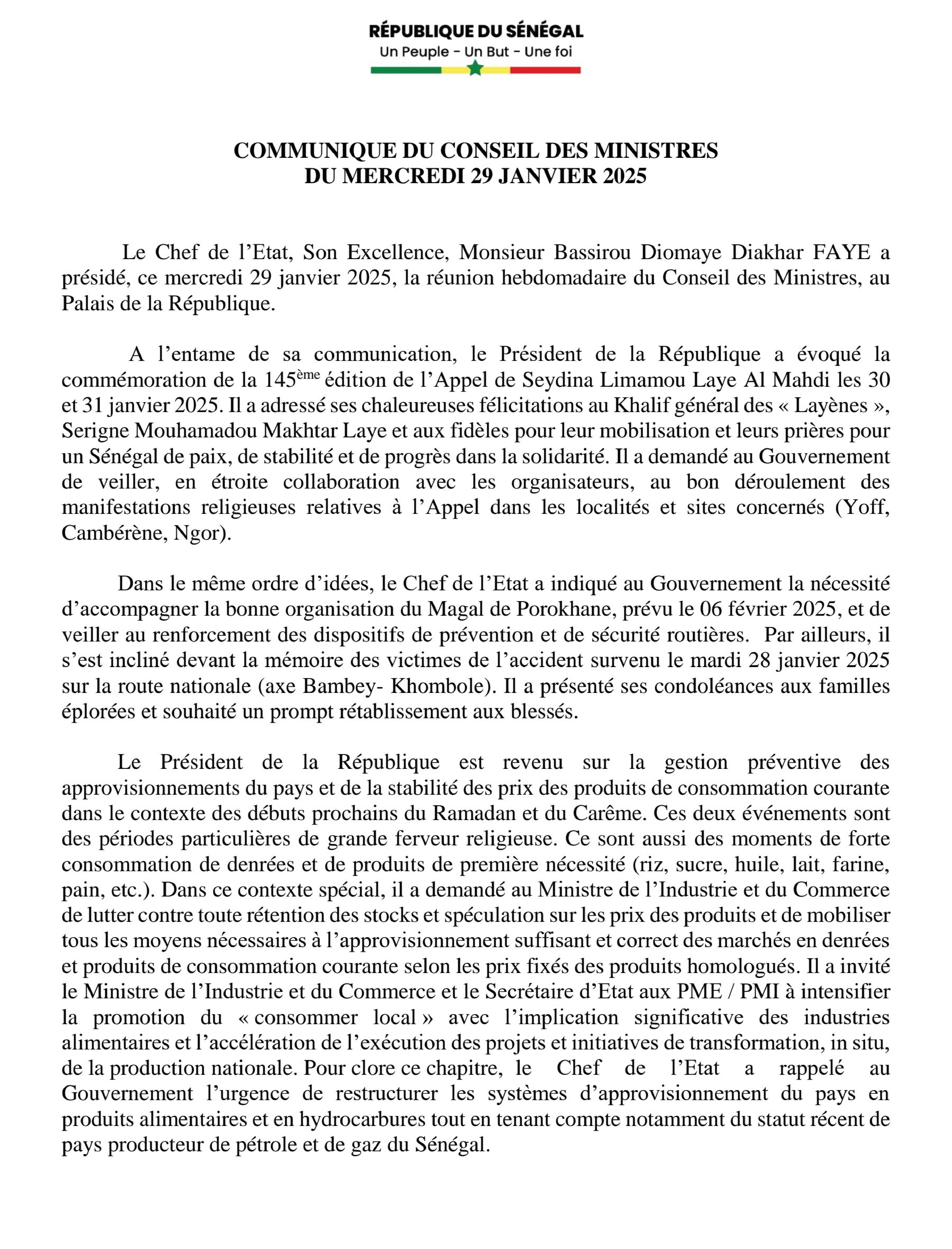 Communiqué Conseil des ministres du mercredi 29 janvier