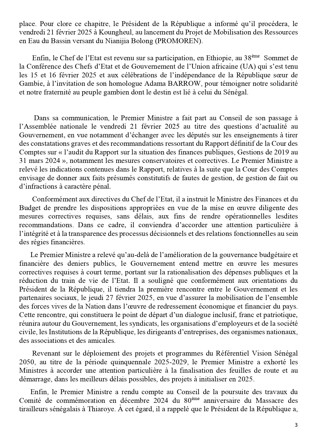 Communiqué du Conseil des ministres du mercredi 19 février 2025
