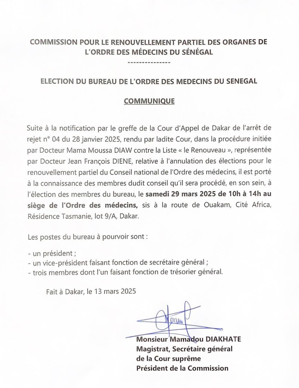 Sénégal : Élection du bureau de l'Ordre des médecins prévue le 29 mars 2025