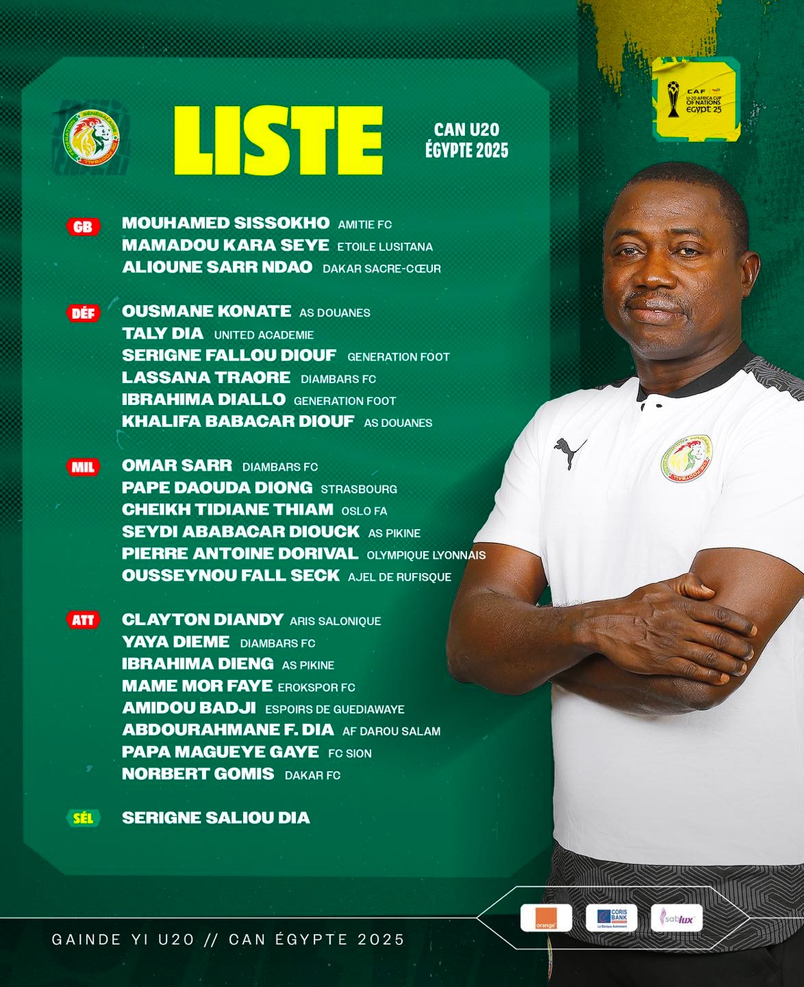 CAN U20 : Serigne Saliou Dia dévoile sa liste avec Pierre Dorival et Pape Diong mais sans Amara Diouf