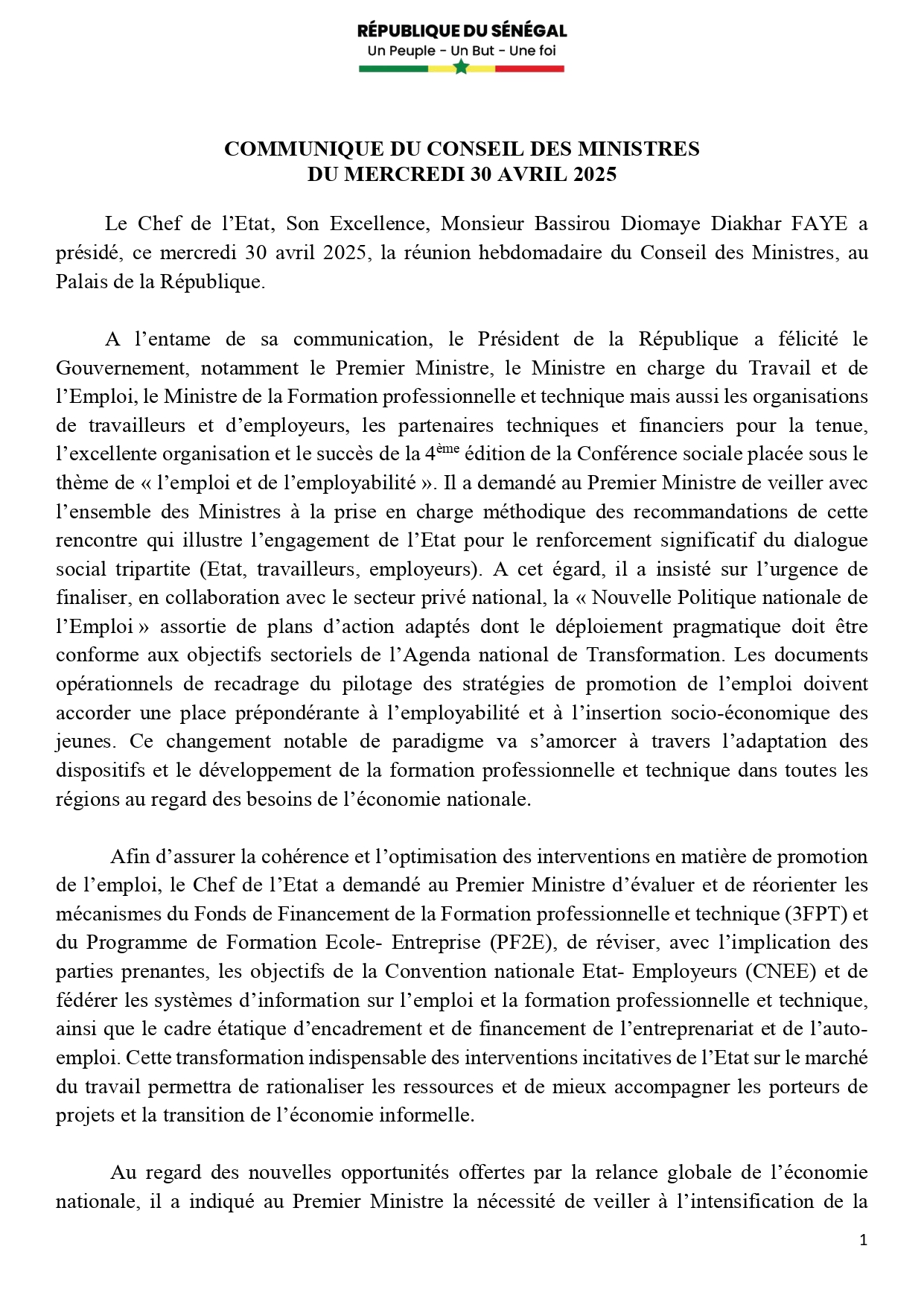 Sénégal : Communiqué du Conseil des ministres du mercredi 30 avril 2025