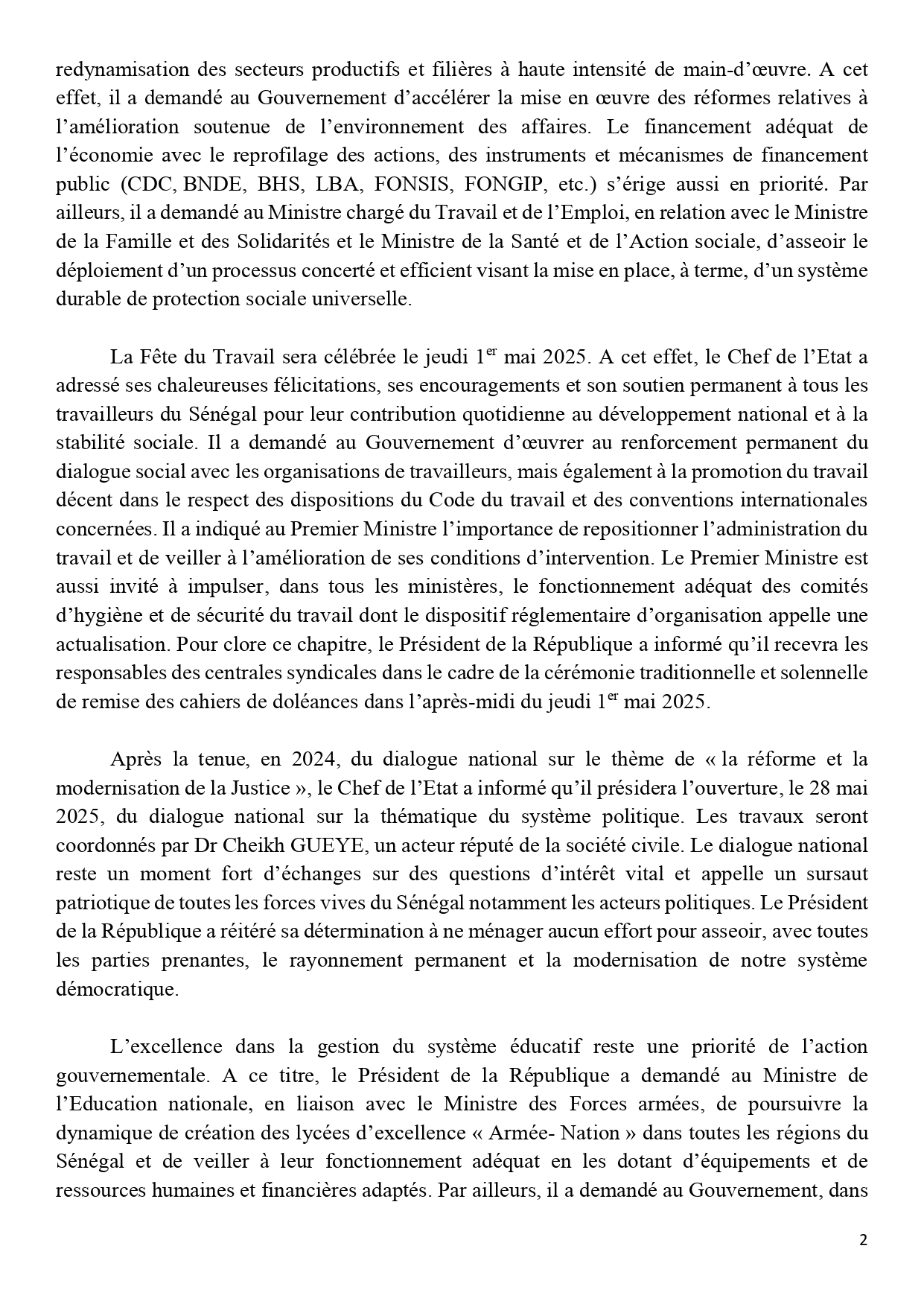 Sénégal : Communiqué du Conseil des ministres du mercredi 30 avril 2025