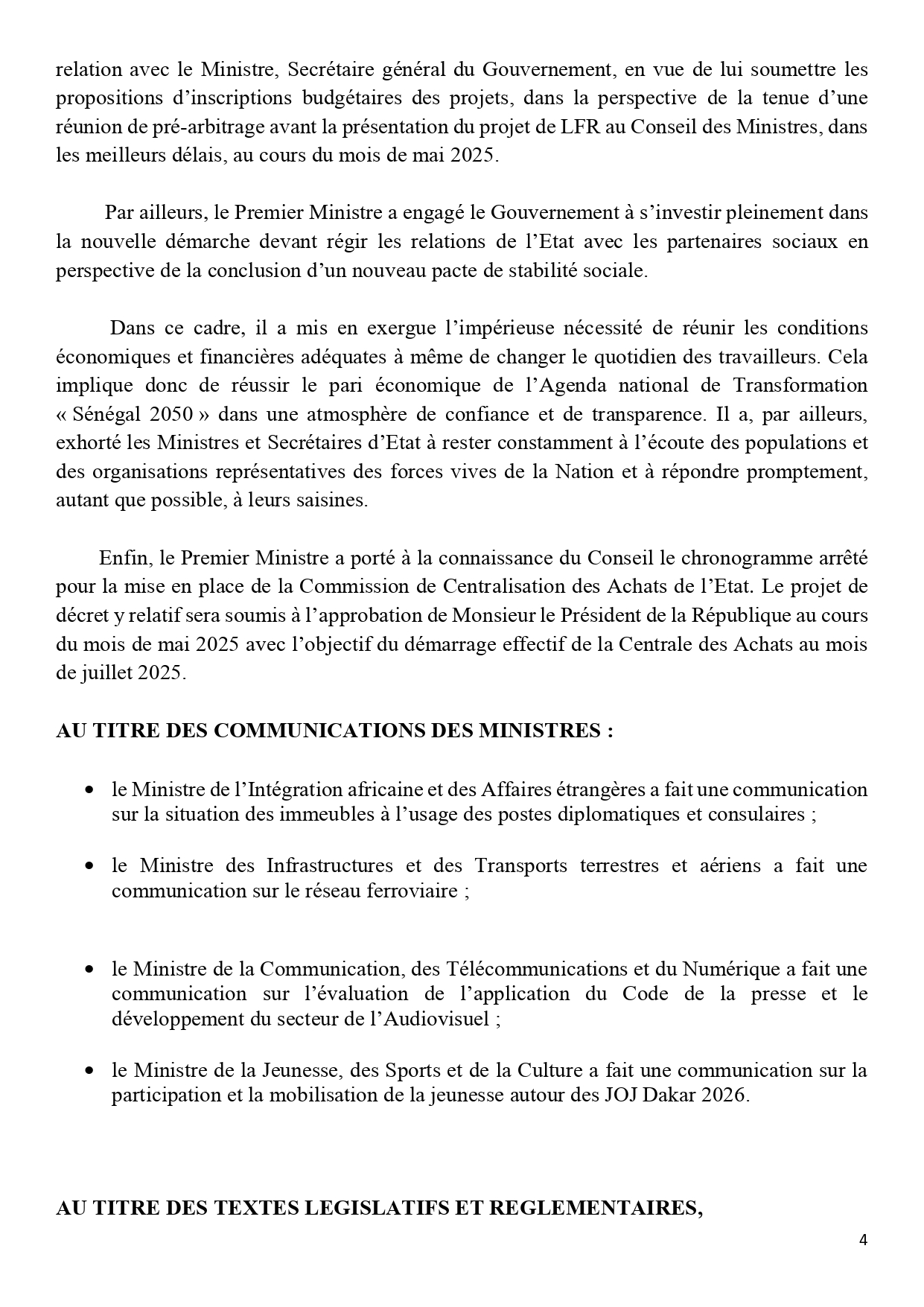 Sénégal : Communiqué du Conseil des ministres du mercredi 30 avril 2025