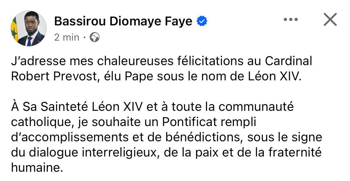 Élection du pape Léon XIV : le Président Bassirou Diomaye Faye félicite le cardinal Robert Prevost
