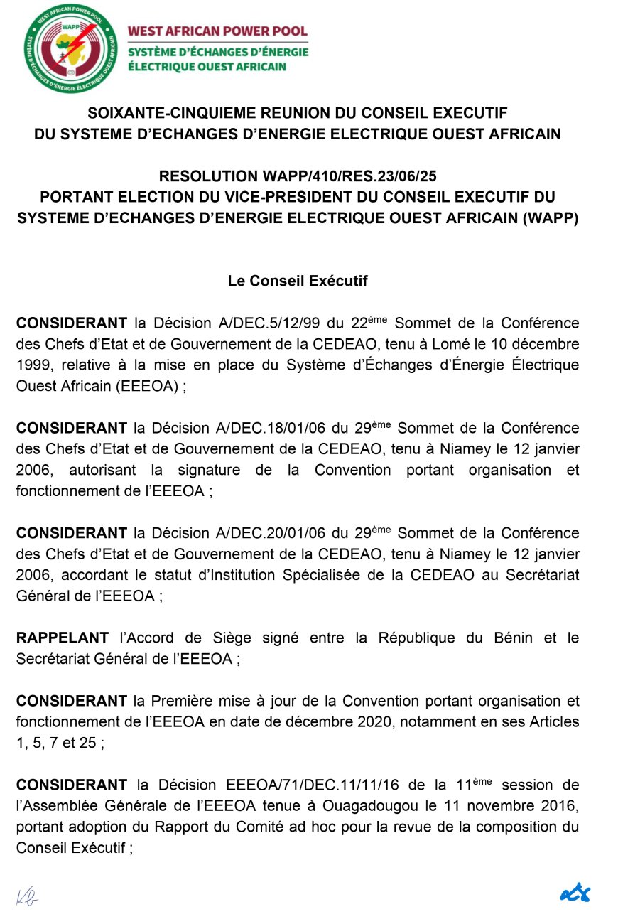 Mohamed Mahmoud SID’ELEMINE élu vice-président du Conseil exécutif du WAPP