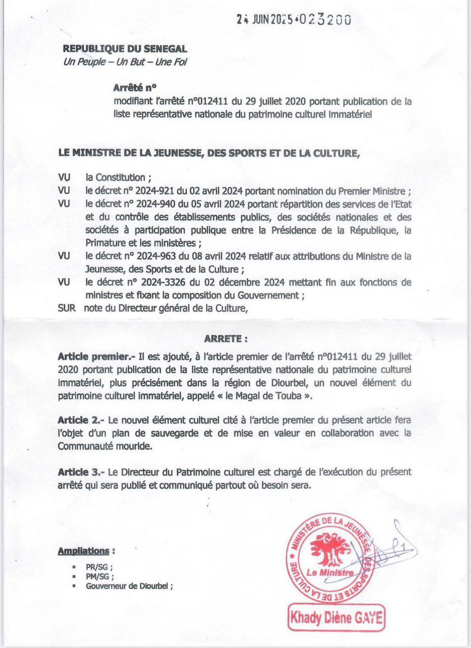 Le Magal de Touba inscrit au patrimoine culturel immatériel du Sénégal (Document)