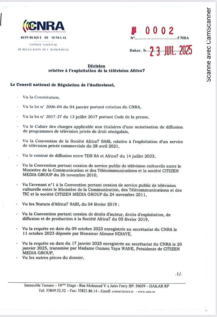 Africa 7 : le CNRA se dégage de toute responsabilité dans le différend entre Oumou Wane et Alioune Ndiaye
