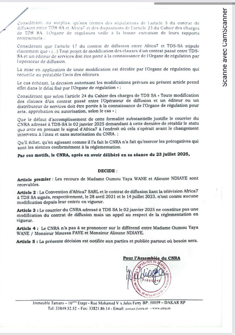 Africa 7 : le CNRA se dégage de toute responsabilité dans le différend entre Oumou Wane et Alioune Ndiaye