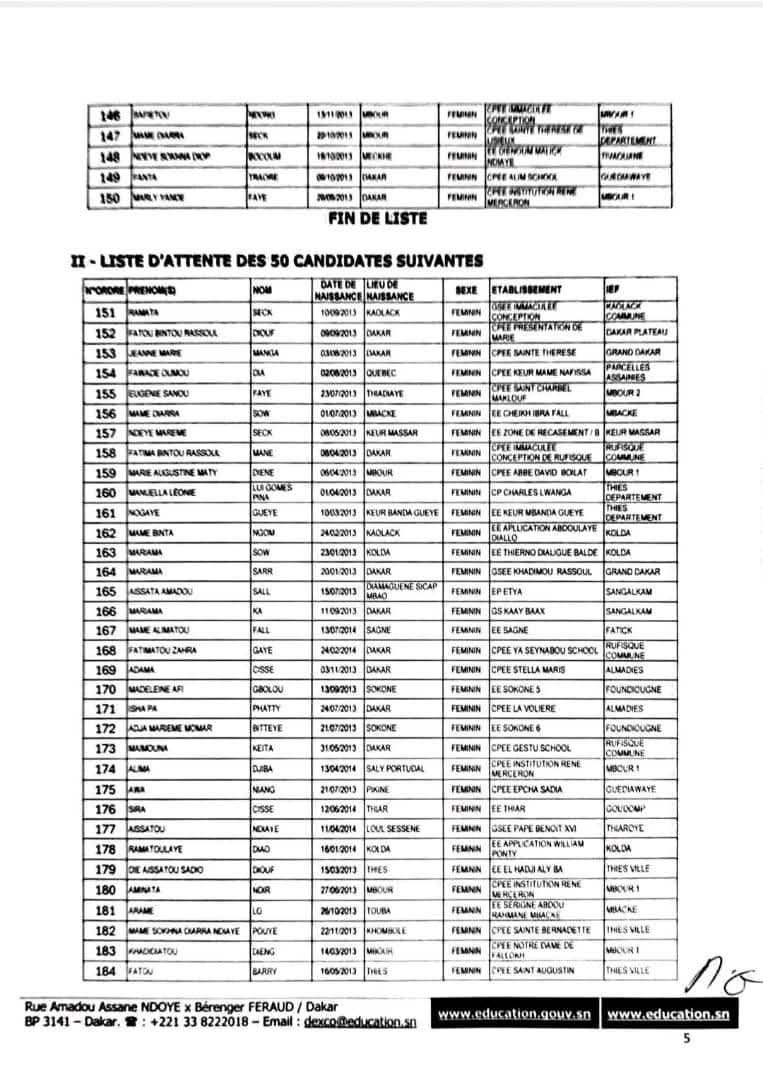 Concours d’entrée au Lycée d’excellence Mariama Bâ : la liste principale et celle d’attente des candidates présélectionnées rendues publiques (Documents)