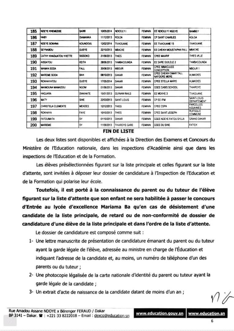 Concours d’entrée au Lycée d’excellence Mariama Bâ : la liste principale et celle d’attente des candidates présélectionnées rendues publiques (Documents)