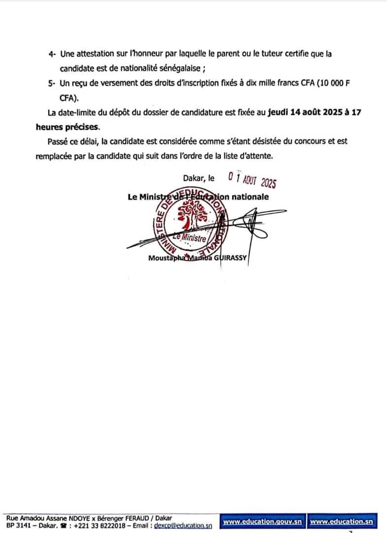 Concours d’entrée au Lycée d’excellence Mariama Bâ : la liste principale et celle d’attente des candidates présélectionnées rendues publiques (Documents)