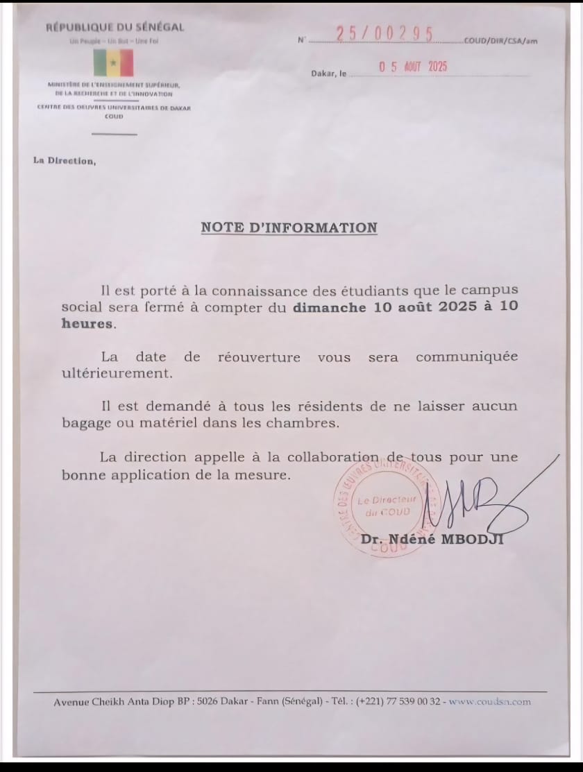 Le COUD fermera ses portes le 10 août 2025 (document)