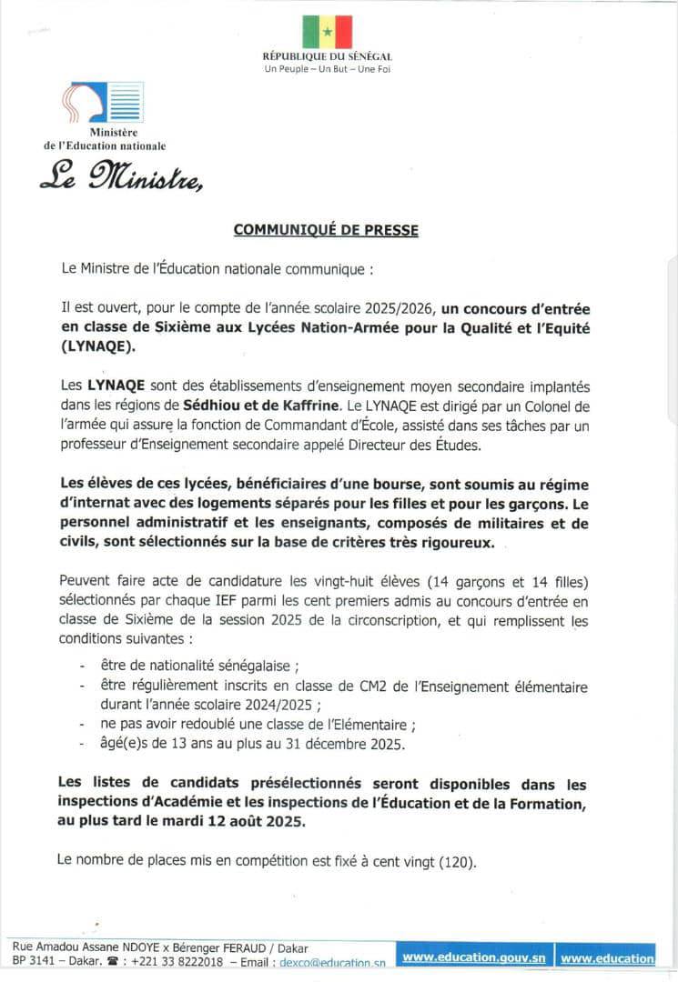 LYNAQE 2025 : le ministère de l’Éducation nationale annonce l’ouverture des concours d’entrée en classe de 6e et seconde 