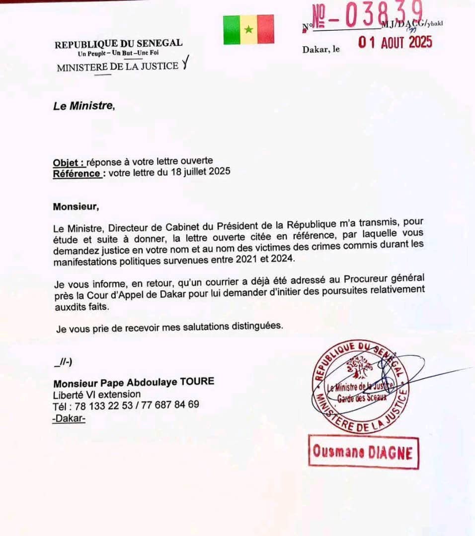 Violences politiques 2021-2024: le ministère de la Justice réagit à la lettre de Pape Abdoulaye Touré et saisit le Procureur