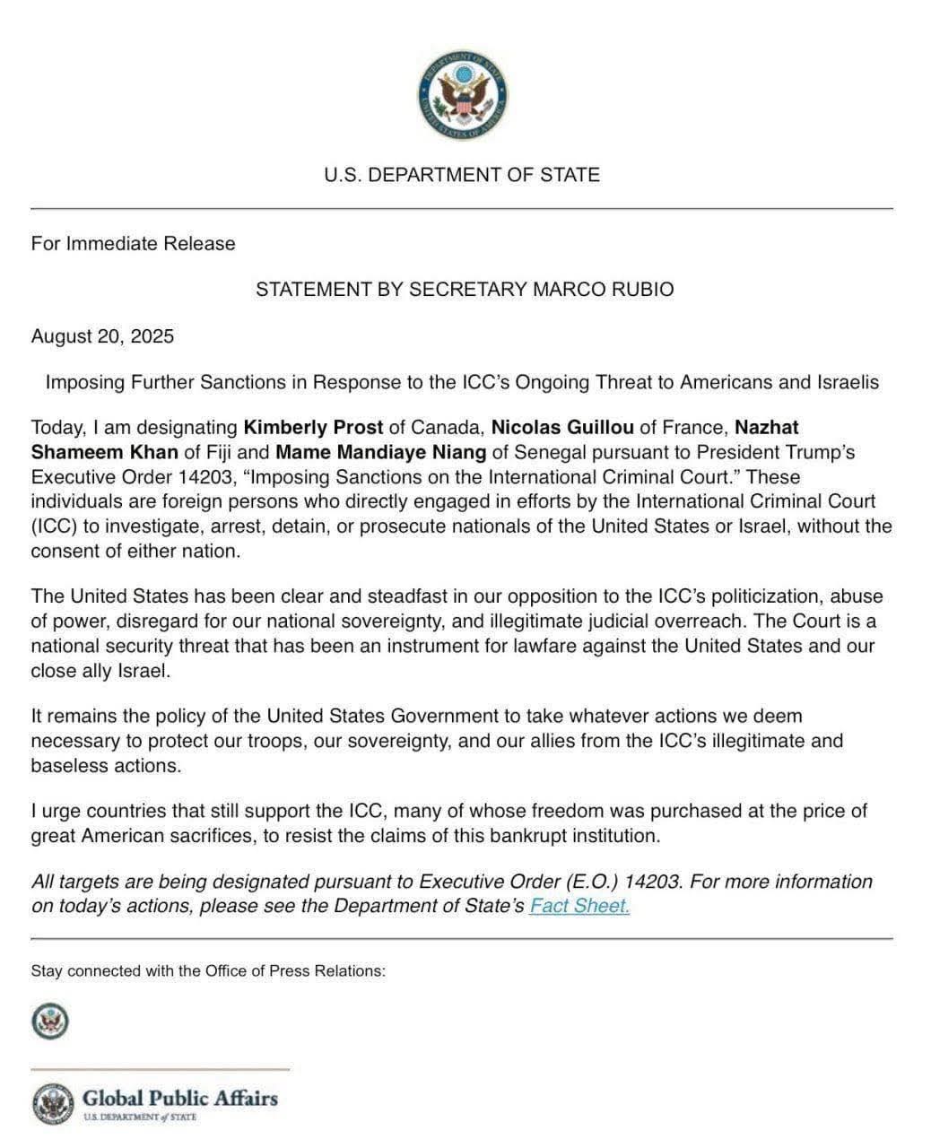 Washington sanctionne de nouvelles personnalités liées à la Cour pénale internationale