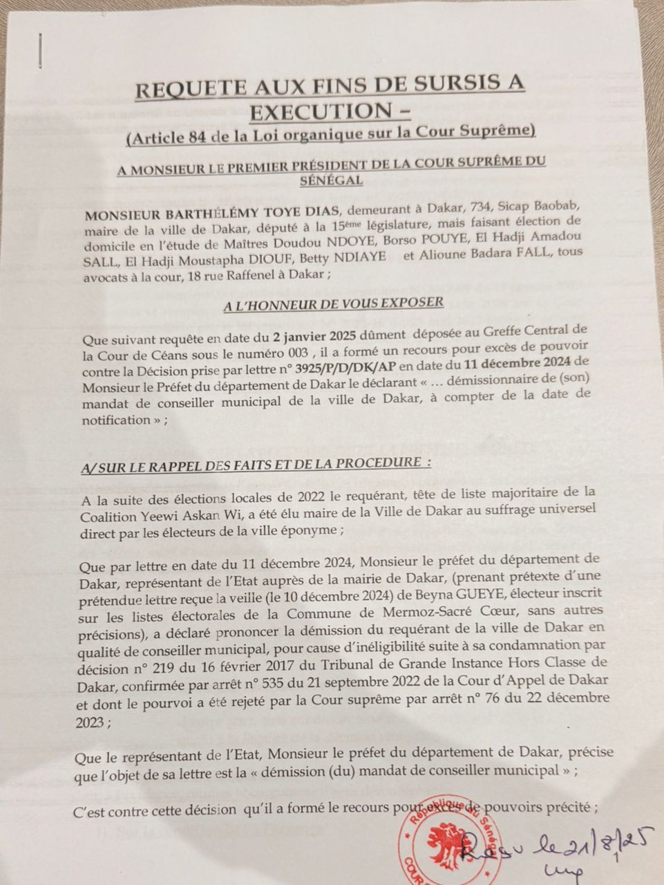 Cour suprême : Barthélémy Dias saisit la chambre administrative pour surseoir à l’élection du maire de Dakar Cour suprême : Barthélémy Dias saisit la chambre administrative pour surseoir à l’élection du maire de Dakar