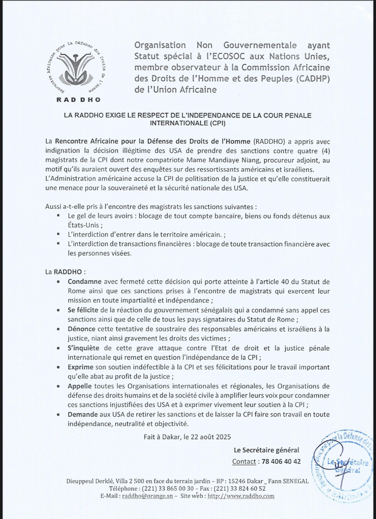 Sénégal : la RADDHO condamne les sanctions américaines contre des magistrats de la CPI