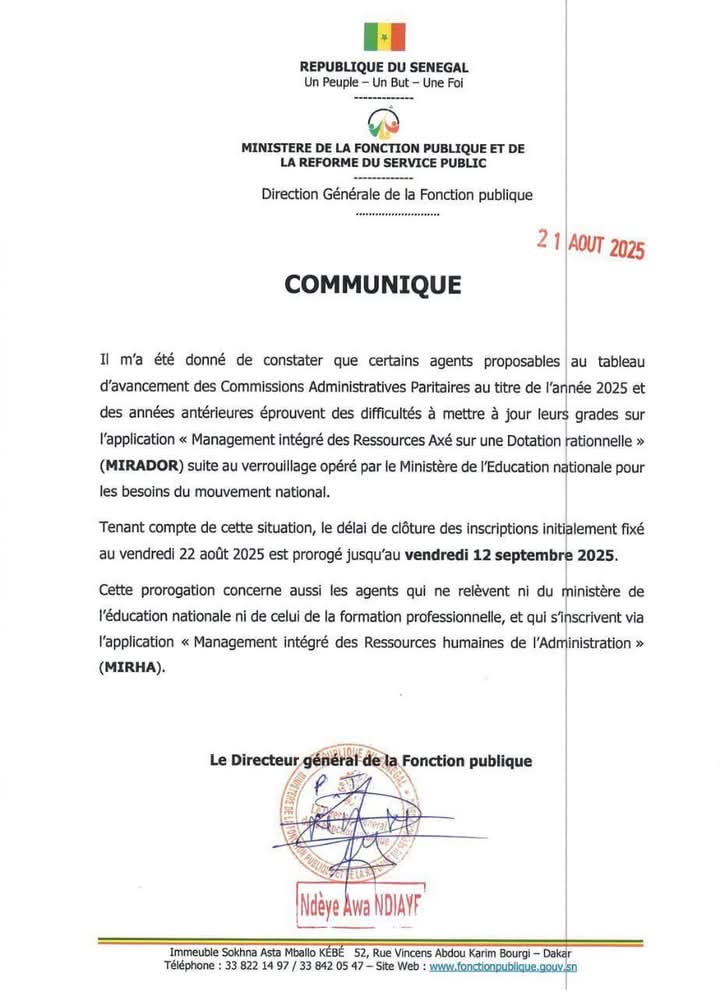 Sénégal : prorogation du délai d’inscription sur la plateforme Mirador