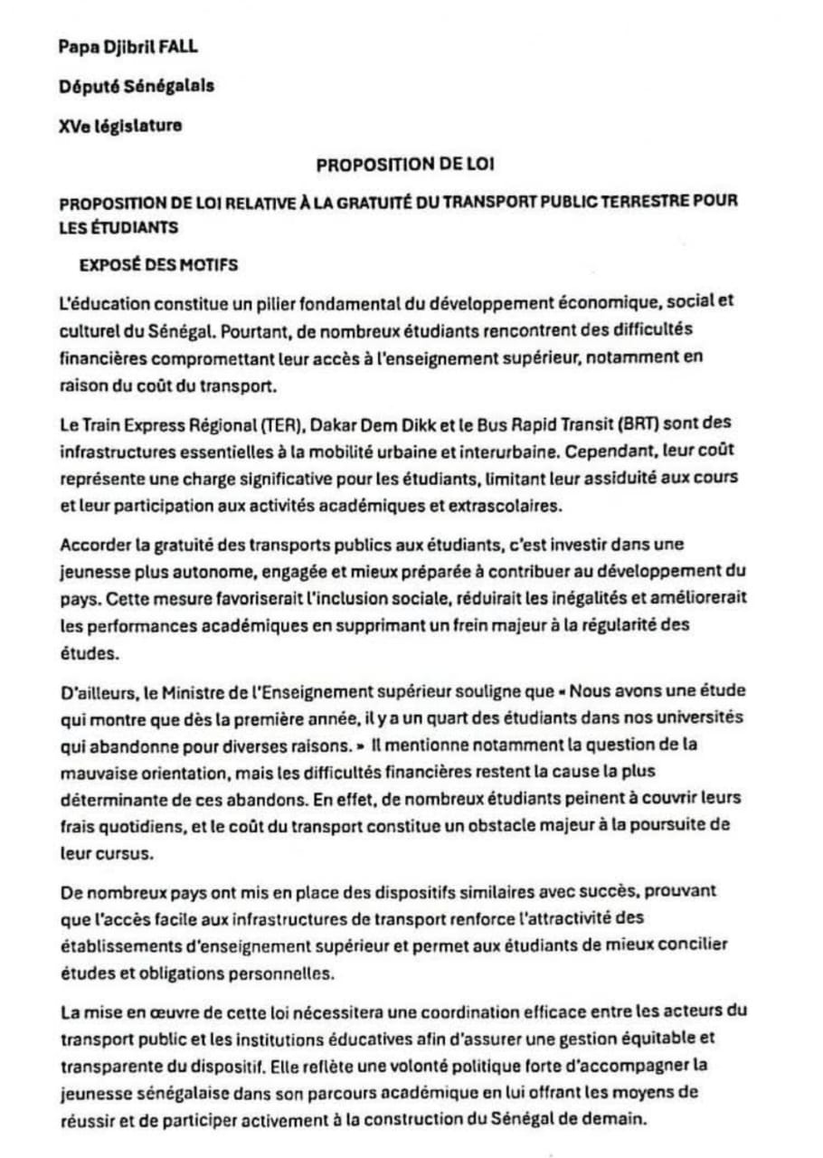 Assemblée nationale :  la proposition de loi de Pape Djibril Fall pour la gratuité des transports pour les étudiants