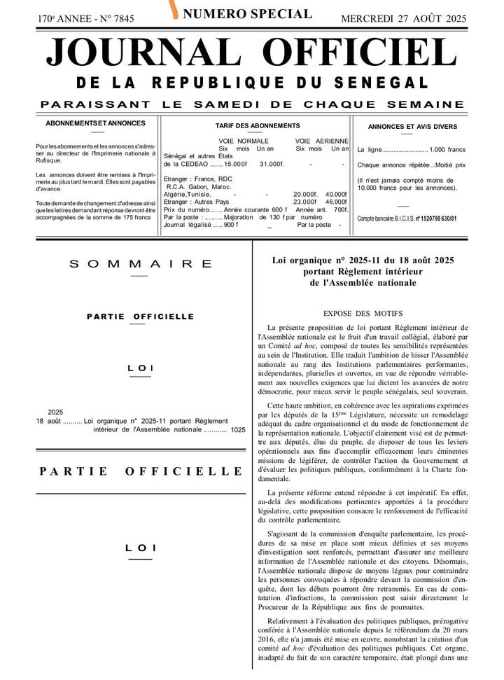 Sénégal : Le nouveau règlement intérieur de l’Assemblée nationale promulgué et publié au Journal officiel 