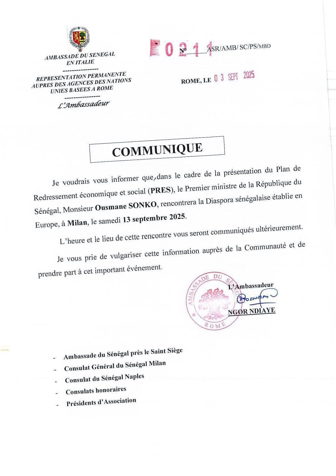 Visite officielle : le Pm Ousmane Sonko attendu à Milan le 13 septembre prochain 