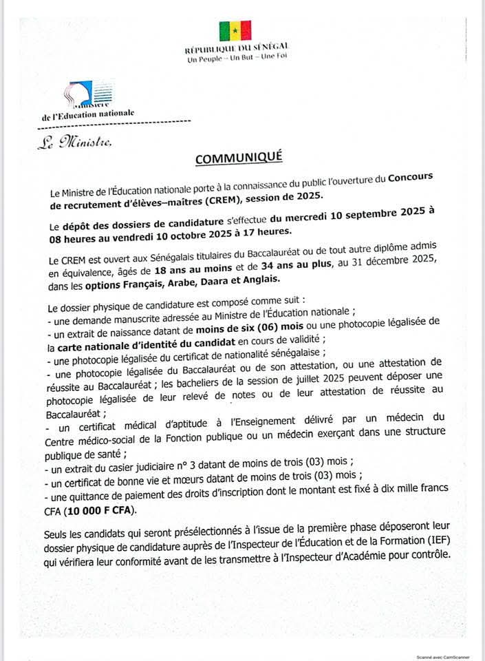 Ouverture du CREM 2025 : les dépôts sont prévus du 10 septembre au 10 octobre, les épreuves fixées au 16 octobre