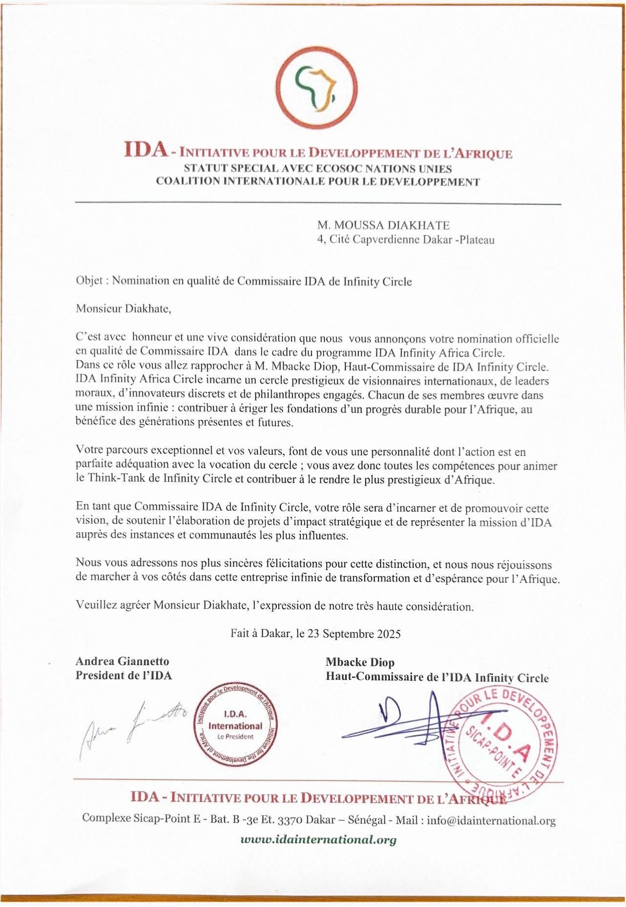 Moussa Diakhaté nommé Commissaire de l’IDA Infinity Circle