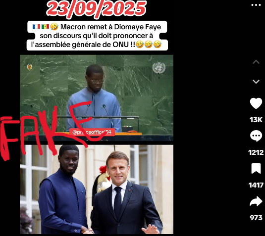 Faux : Le discours du Président Diomaye à l'AG de l’ONU ne vient pas de Macron