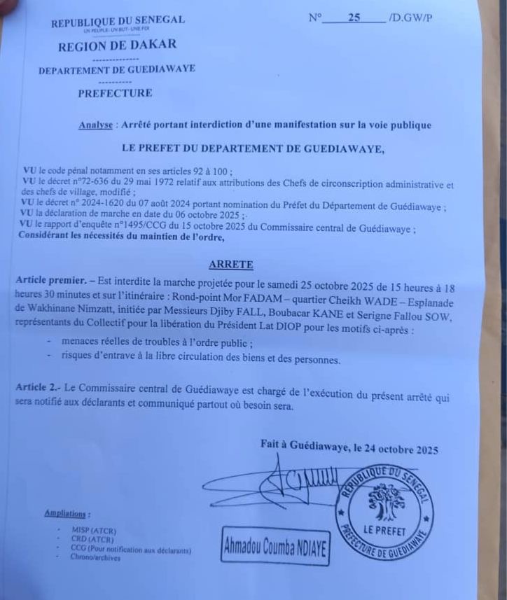Guédiawaye : le préfet interdit la marche des partisans de Lat Diop prévue ce samedi
