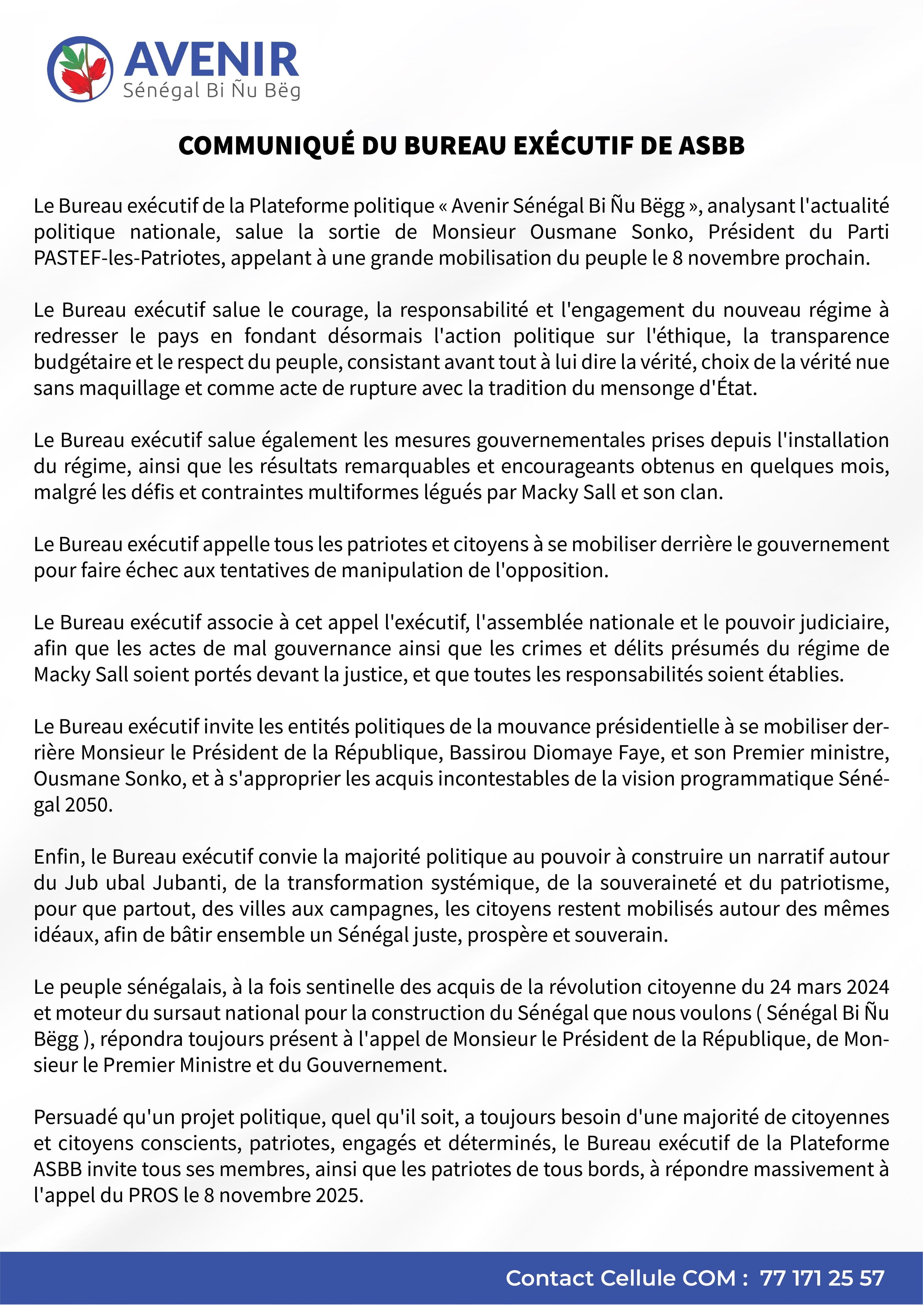 La plateforme « Avenir Sénégal Bi Ñu Bëgg » salue les résultats du nouveau régime et soutient l’appel de Sonko à la mobilisation