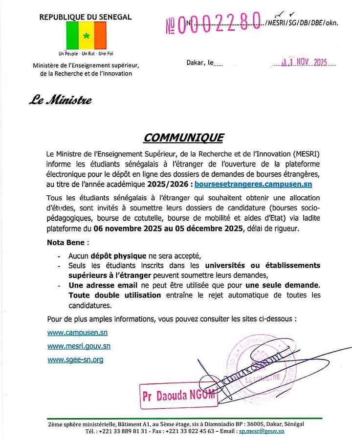 Bourses étrangères 2025-2026 : le MESRI lance la plateforme électronique dépôt en ligne