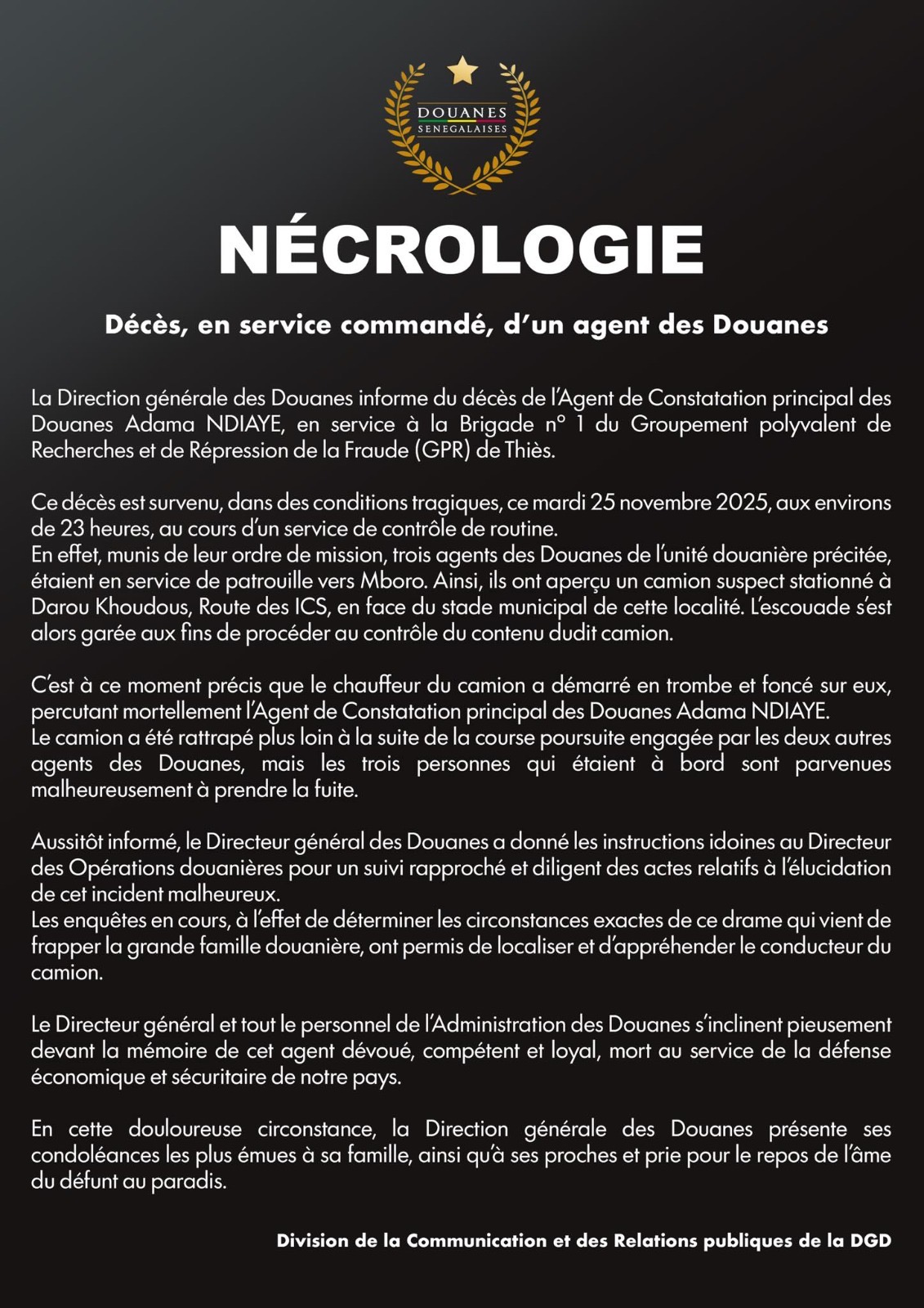 Douanes : un agent mortellement fauché lors d’un contrôle à Thiès
