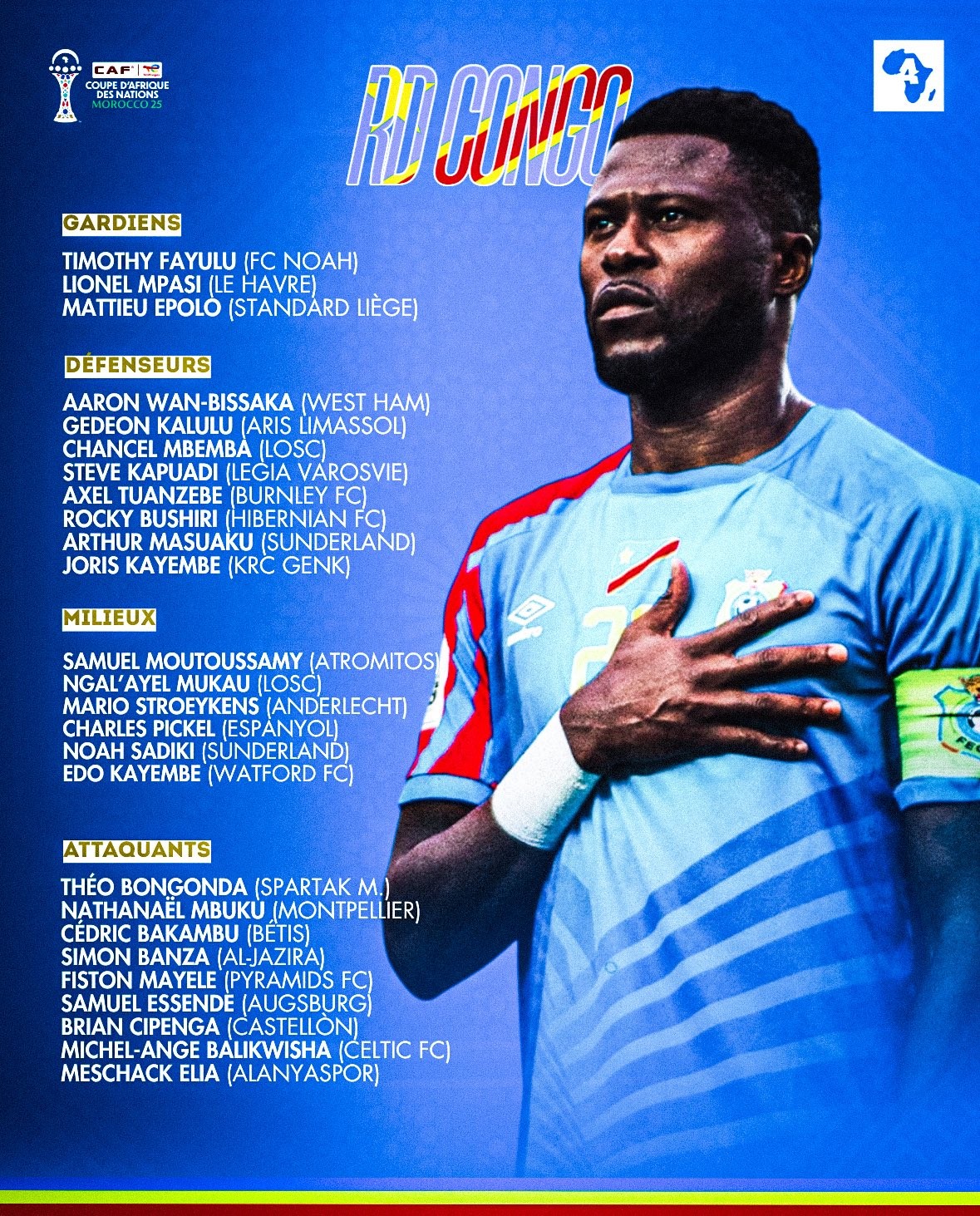 CAN 2025 : la liste de la RD Congo avec Wan-Bissaka, Bakambu et Mbemba, mais sans Wissa