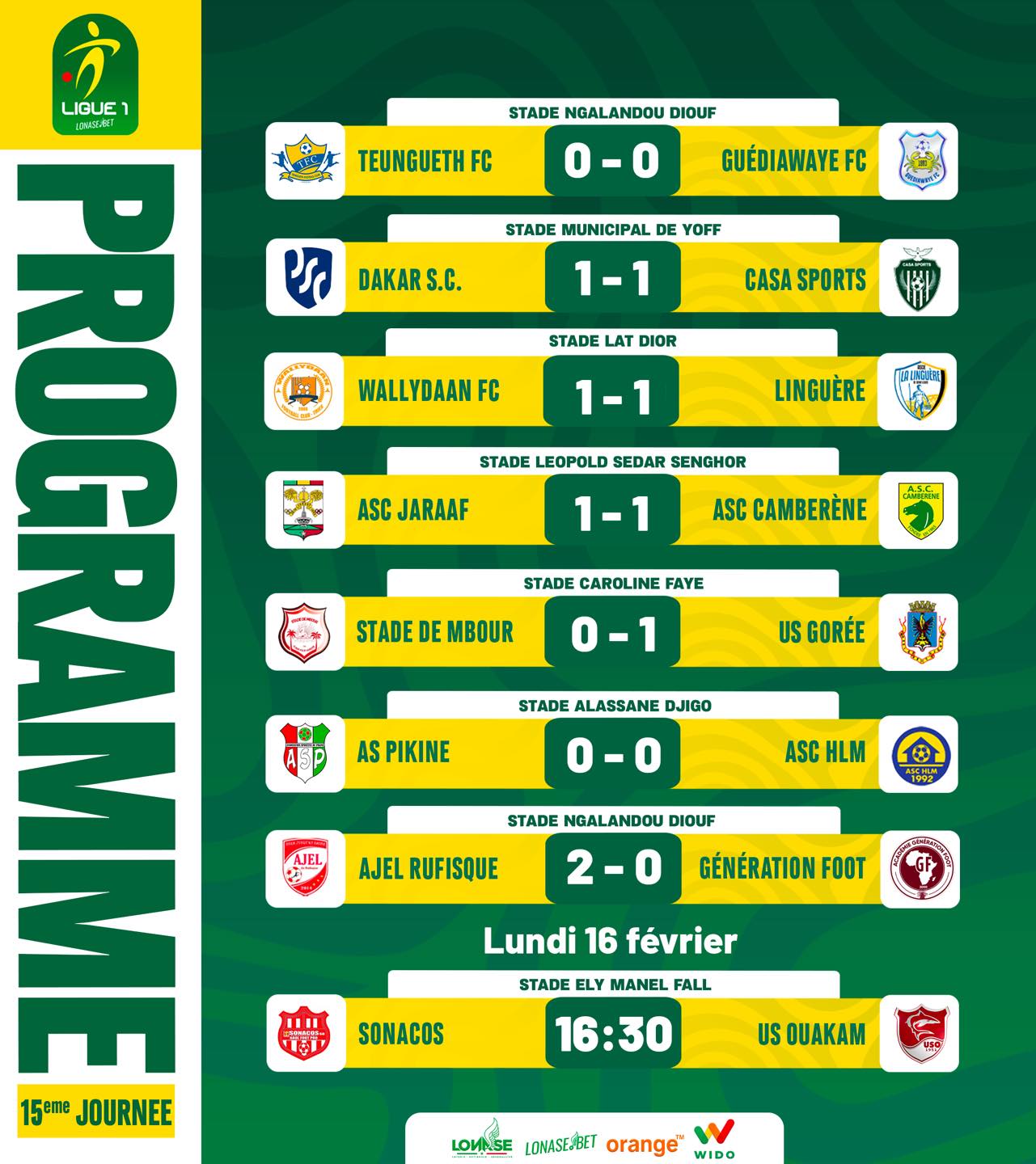 Ligue 1 (15e journée) : l’US Gorée sacrée championne de la phase aller