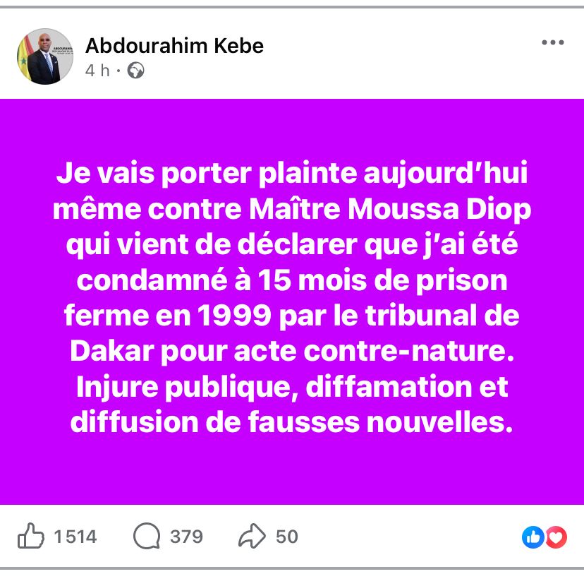 Accusation d’acte contre nature : le colonel Abdourahim Kébé annonce une plainte contre Me Moussa Diop
