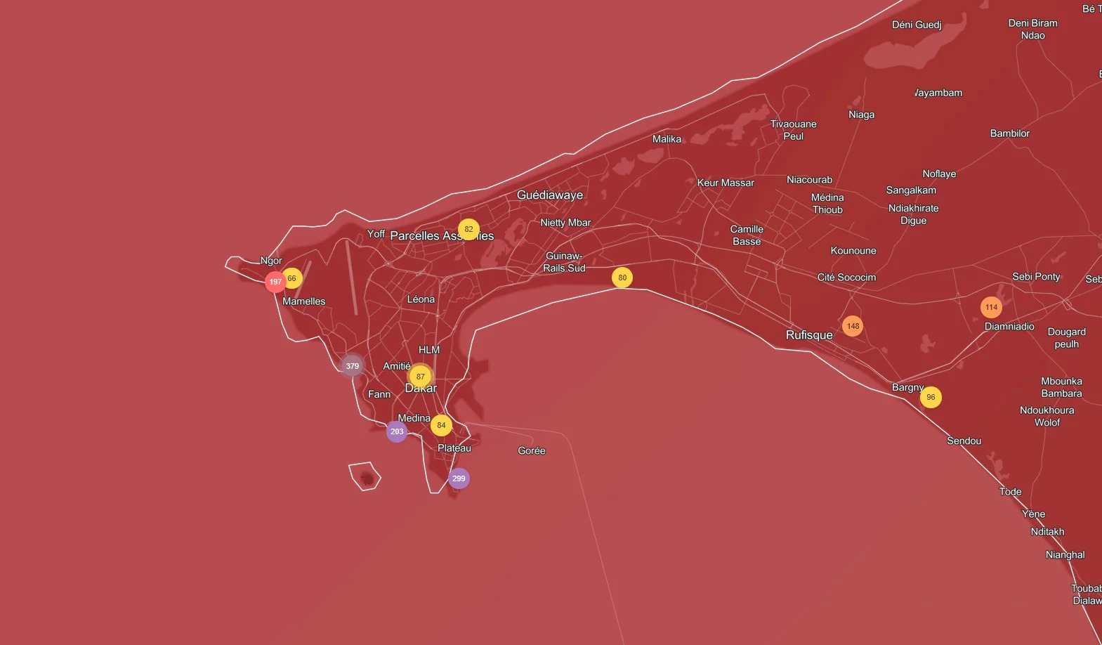 Carte de la qualité de l'air à Dakar, Sénégal, le 2 avril 2026. Source : IQAir : IQAir.