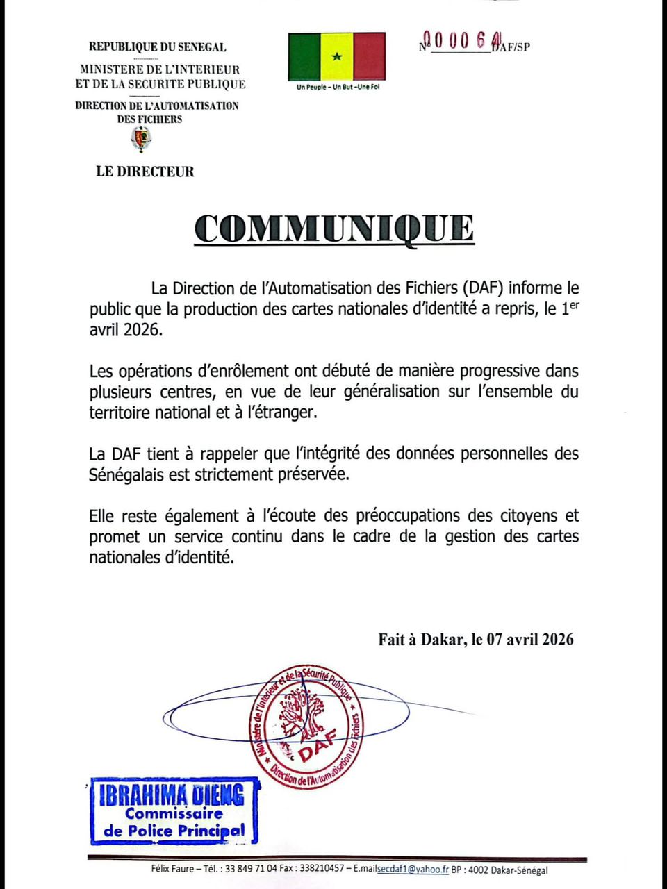 ​DAF : la production des cartes nationales d'identité reprend après deux mois de suspension 