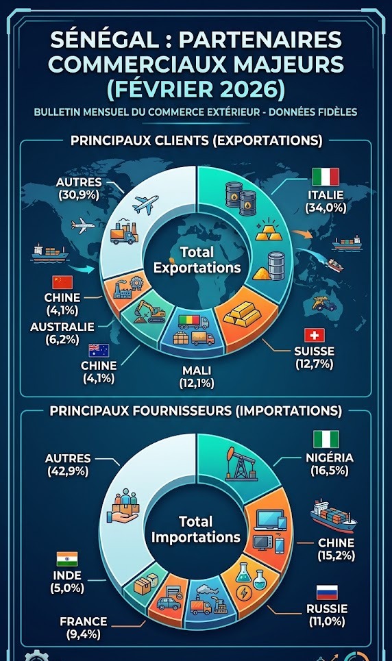 Exportations et Importation du Sénégal : L'Italie et le Nigéria, les partenaires de premier plan en février 2026