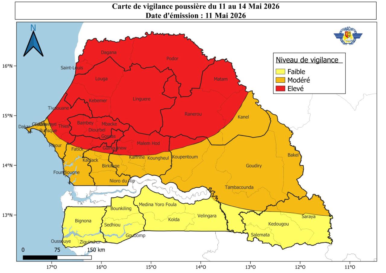 Alerte météo : un épisode de poussière dense attendu au Sénégal du 11 au 14 mai 2026 Alerte météo : un épisode de poussière dense attendu au Sénégal du 11 au 14 mai 2026