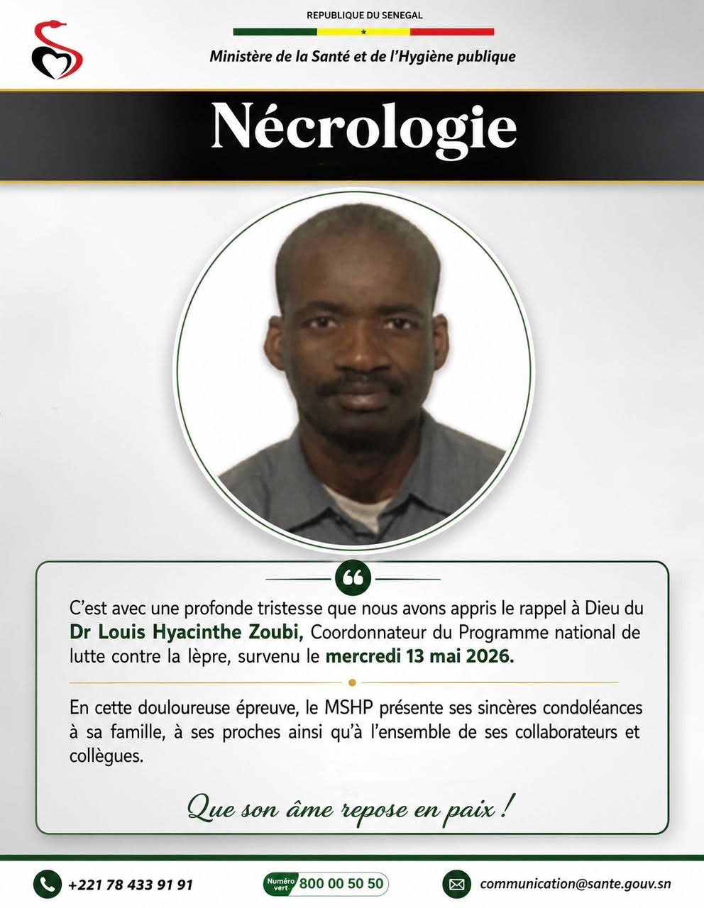 Santé : Décès du Dr Louis Hyacinthe Zoubi, coordonnateur de la lutte contre la lèpre