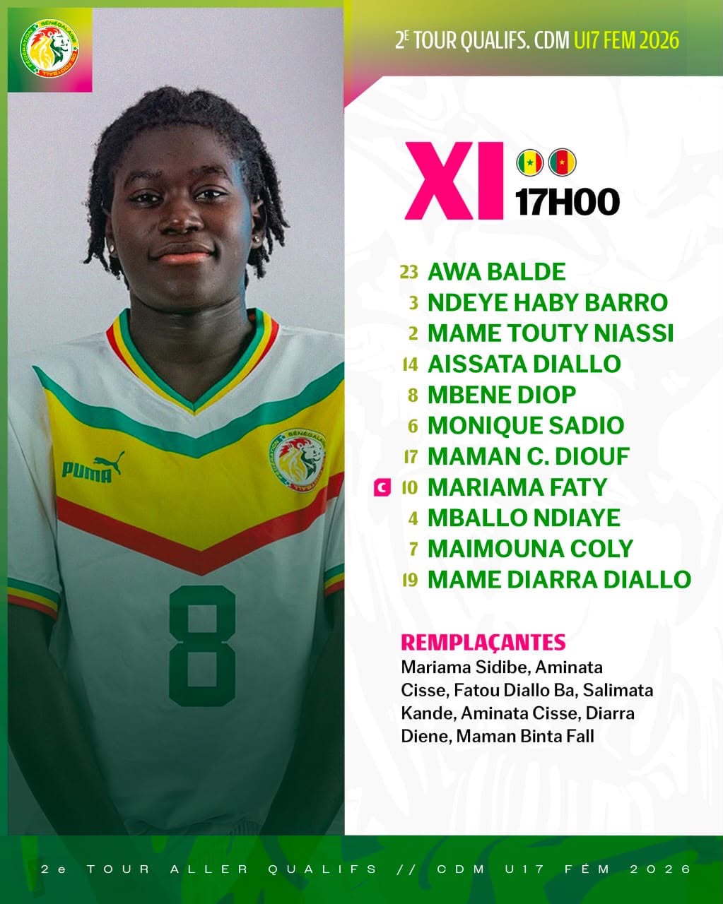 Éliminatoires de la Coupe du monde U17 : le onze de départ des Lioncelles face au Cameroun dévoilé