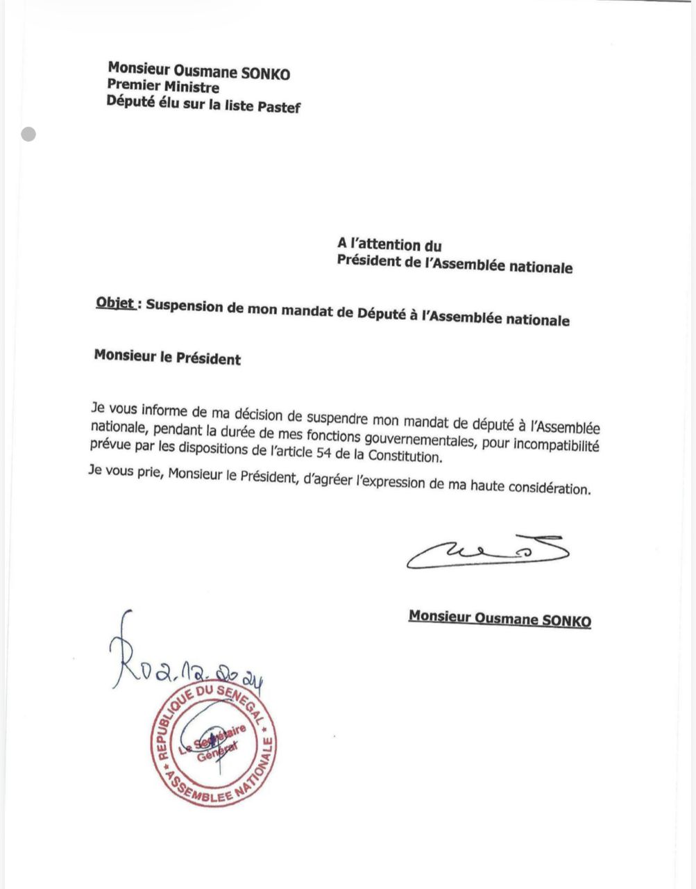 Mandat d'Ousmane Sonko : la lettre de suspension qui met fin aux rumeurs de démission