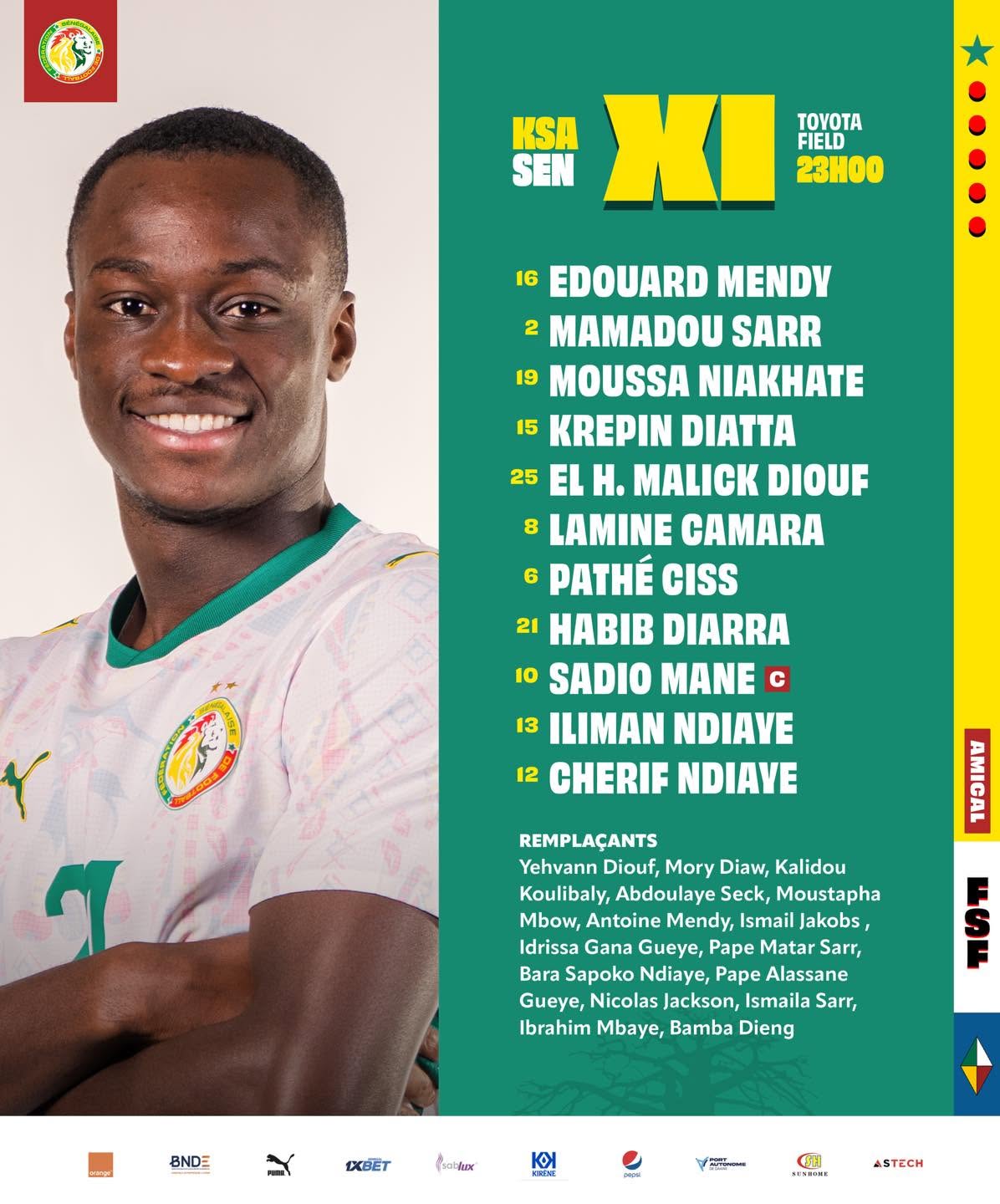 Sénégal vs Arabie saoudite : le onze des "Lions", Pathé Ciss, Habib Diarra et Cherif Ndiaye titulaires