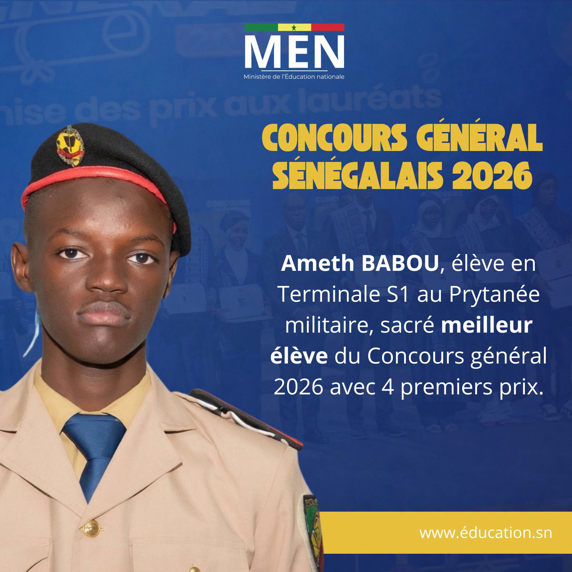 Concours général 2026 : Ameth Babou, du Prytanée militaire, sacré meilleur élève du Sénégal avec quatre premiers prix