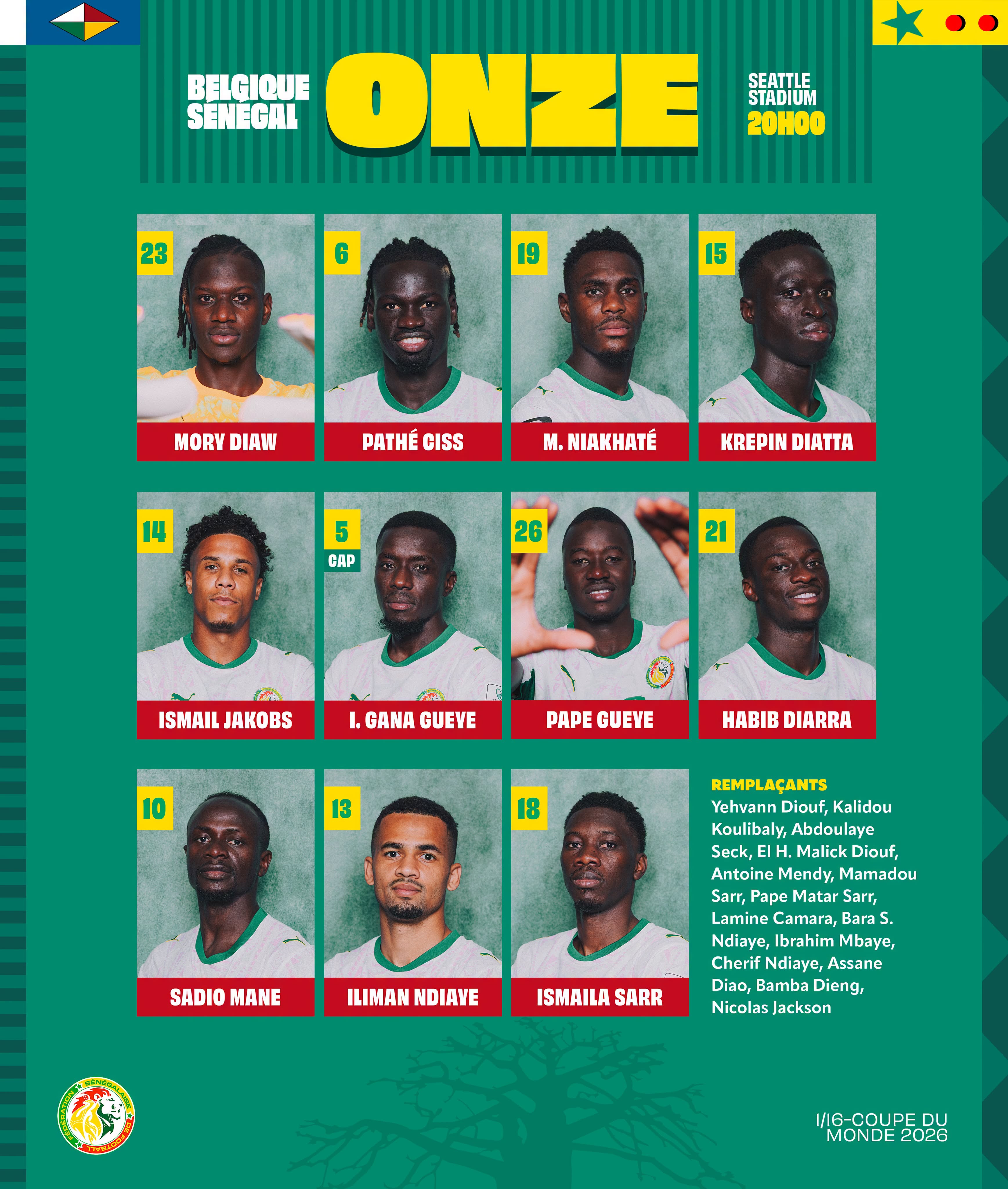 Mondial 2026 : onze de départ des Lions contre la Belgique, Pathé Ciss, Pape Gueye et Iliman Ndiaye titulaires