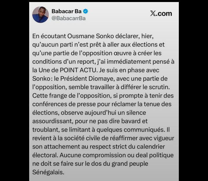 Report des élections locales : «Aucun deal politique ne doit se faire sur le dos du grand peuple Sénégalais» (Babacar Ba)