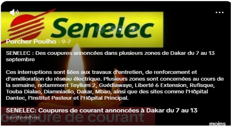 FAUX: la senelec n’a pas annoncé une série de coupure d’électricité à Dakar et dans sa banlieue